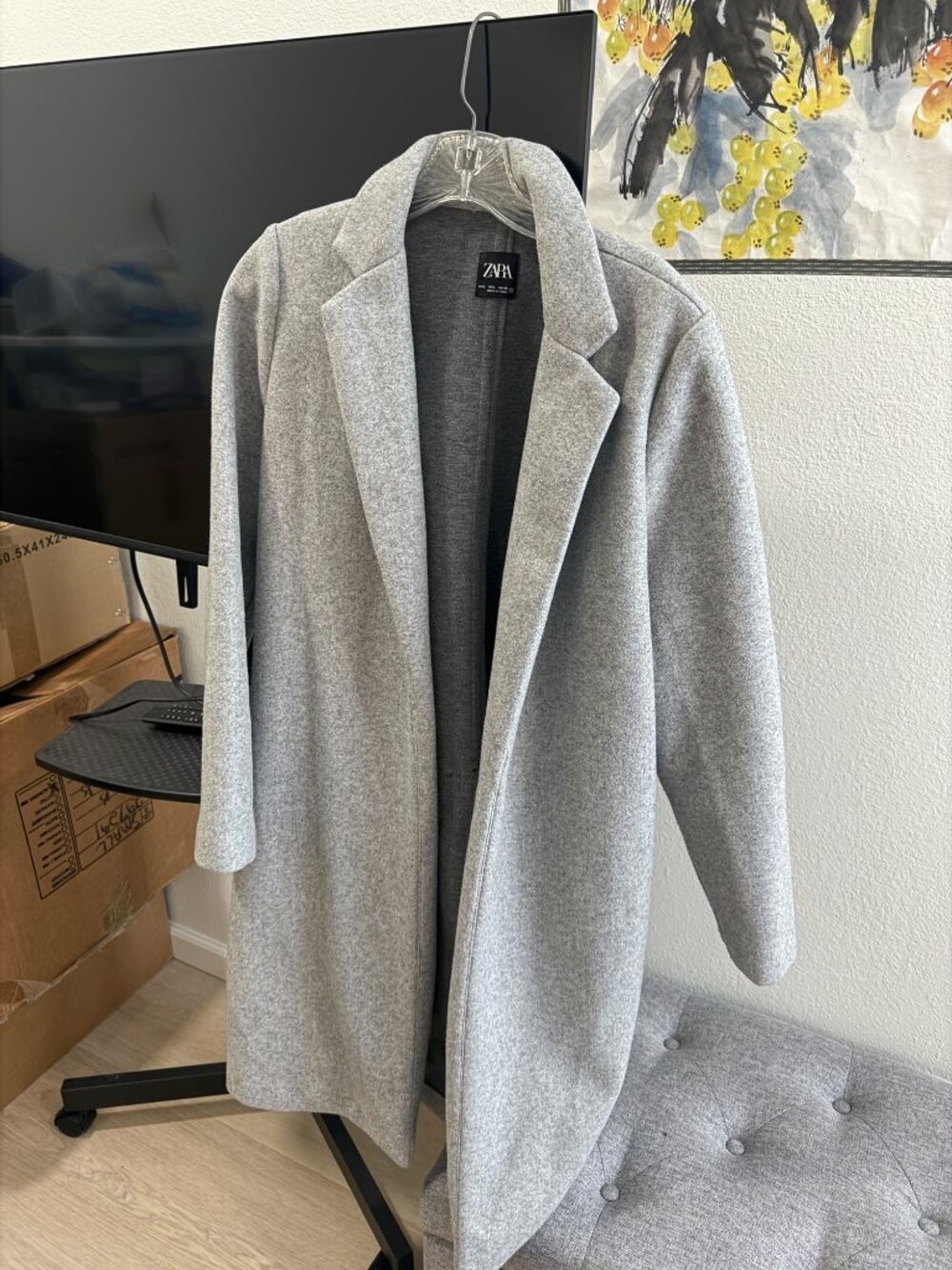 Zara Womens Long Heather Grey Coat Size L Single Breasted Overcoat